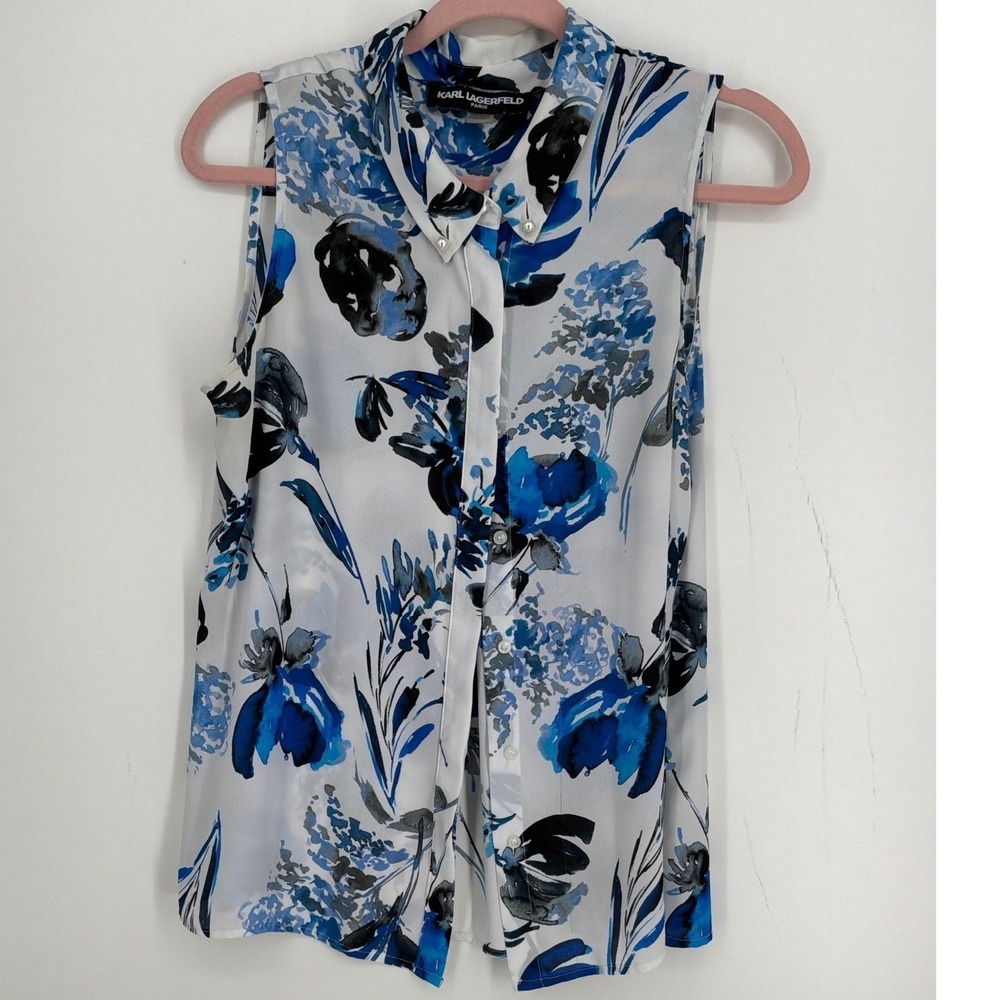 Karl Lagerfeld Paris Blue Floral Sleeveless Button Front Blouse Medium